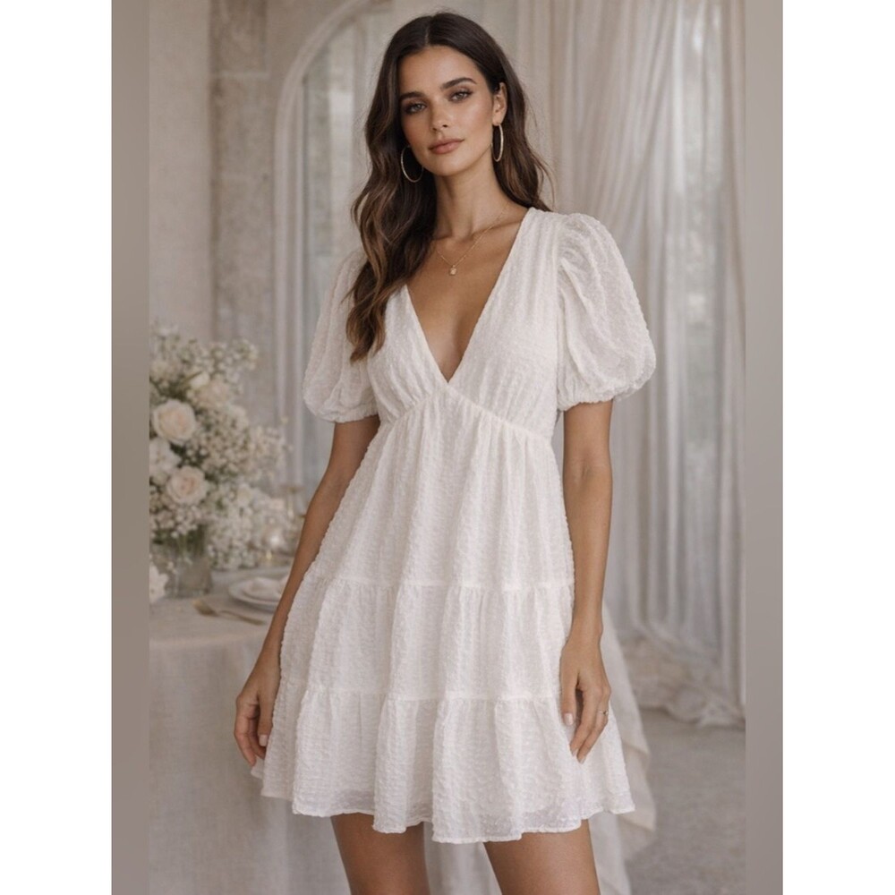 QUIZ White Textured Puff Sleeve Mini Dress Tie Back Babydoll Size 10